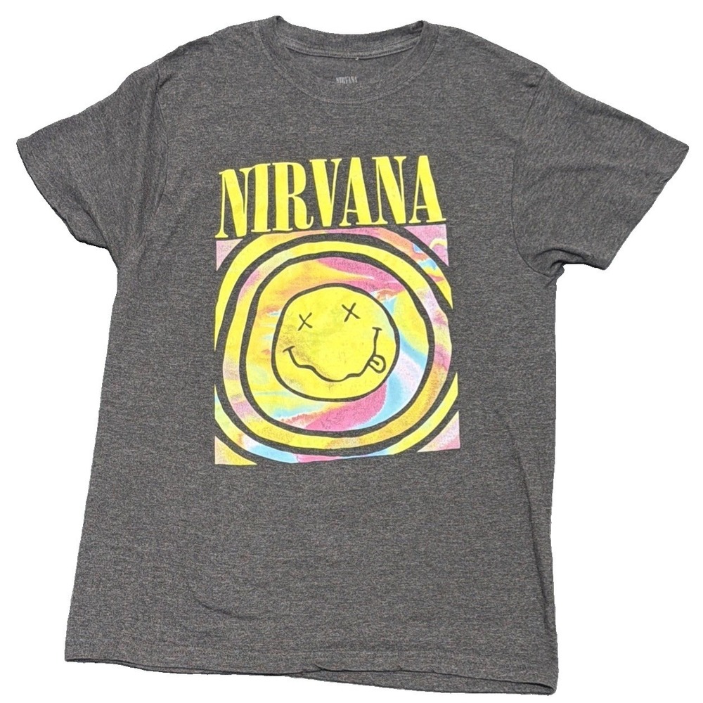 Nirvana Happy Face Tye Dye Band T-Shirt. Kurt Cobain, Charcoal Gray Sz. Large.